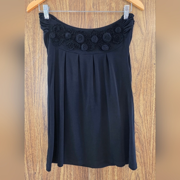 Vintage Dresses & Skirts - Vintage Black Stretch Floral Rosette Top Y2K Bohemian Style Size S